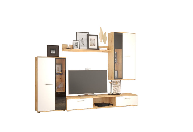 Obývacia stena RUMBA, 241x180x40,5 cm, biela / dub artisan - - 0