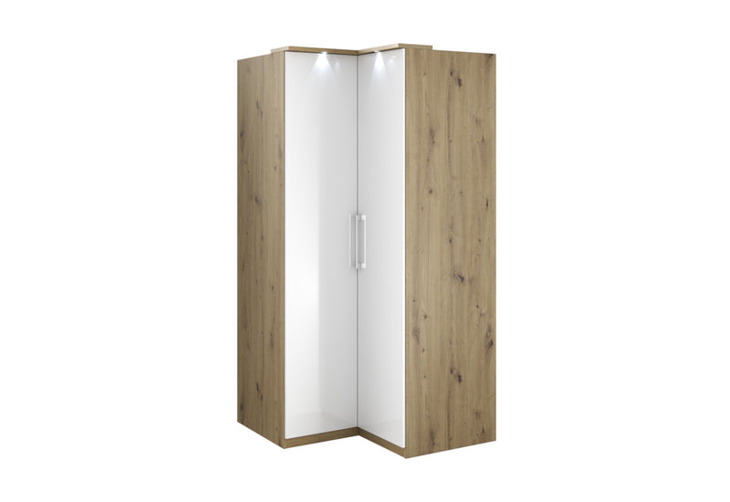 Rohová skriňa MEGOLA + LED, 109x217x63, dub artisan/biela lesk - - 0
