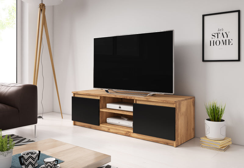 TV stolík BASTE, 120x35,5x38, dub wotan/čierna + LED - - 0
