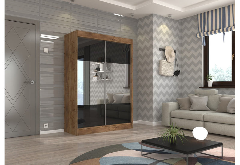 Šatníková skriňa MOSTA, 150x215x61, dub kraft/čierne sklo - - 0