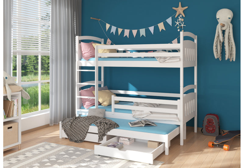 Detská poschodová posteľ SALDO + 3x matrac, 80x180/80x170, biela - - 0