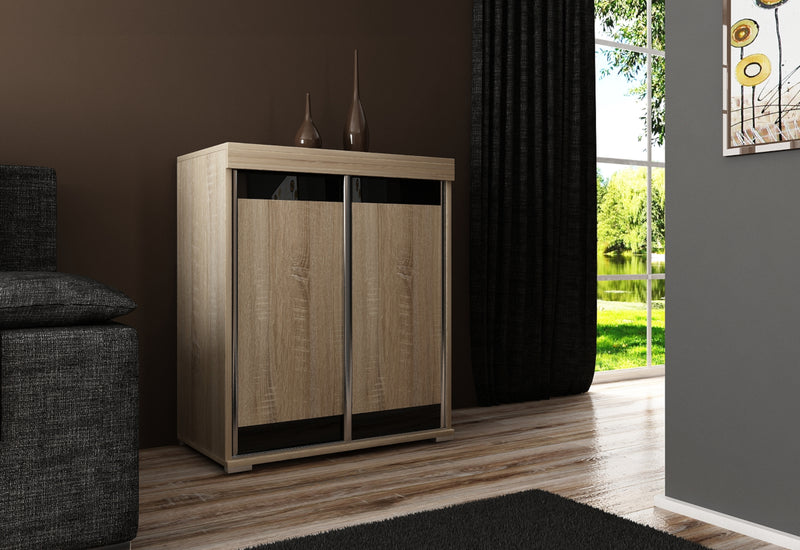Komoda MADRID 4, 80x94x45, dub sonoma/čierne sklo - - 0