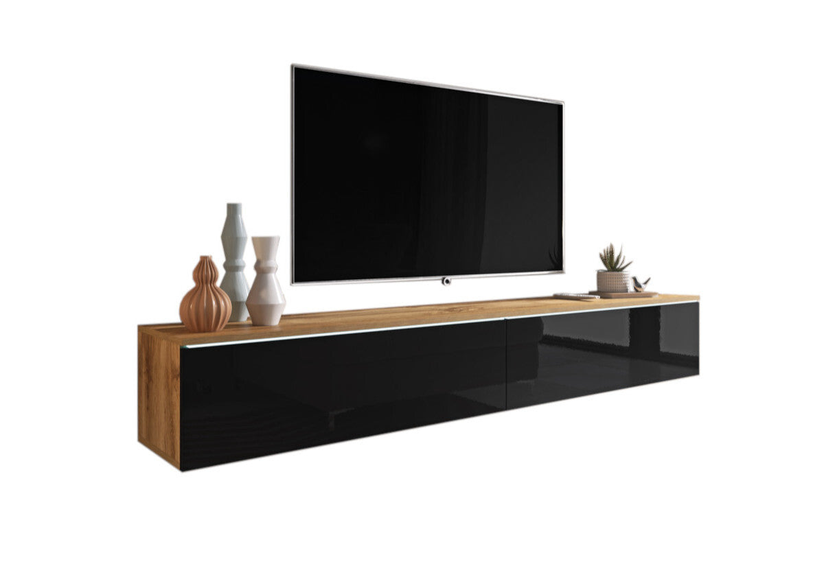 TV stolík MENDES D 180, 180x30x32, dub wotan/čierna lesk + LED -  - 0