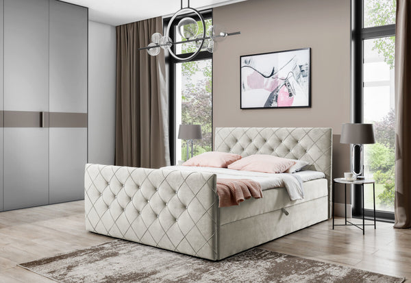 Čalúnená posteľ boxspring MATRAGI + topper, 140x200, béžová -  - 0